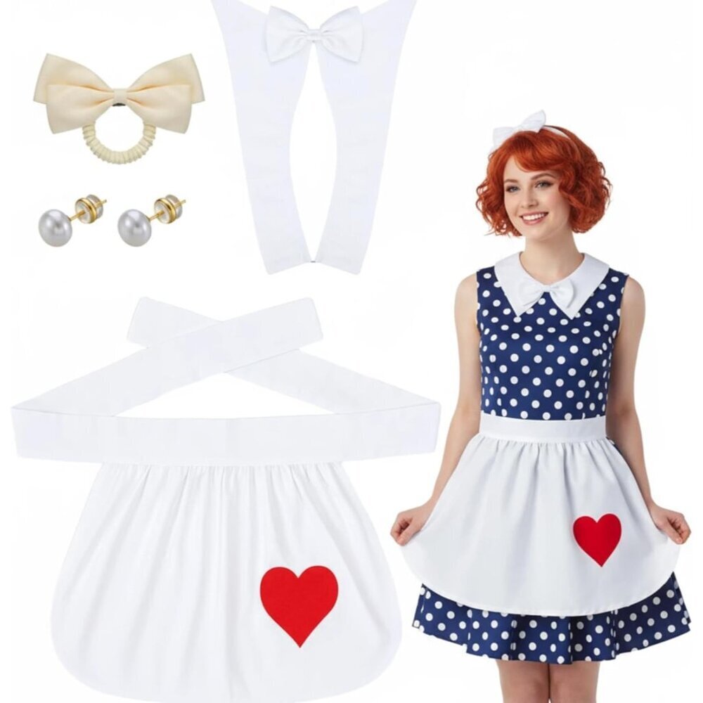 1950s Women's Retro Costume Set Housewife Dress Apron Collars Bow Headband
